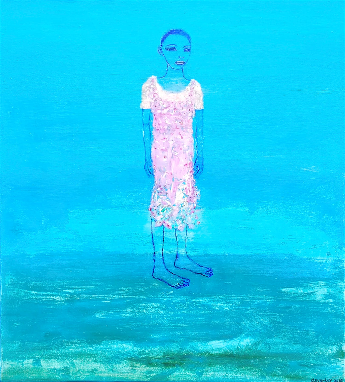Painting by Peter Cleverley of girl on blue background